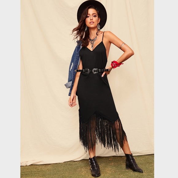 Fringe Detail Black Boho Cami Dress Asymmetrical - Picture 1 of 9